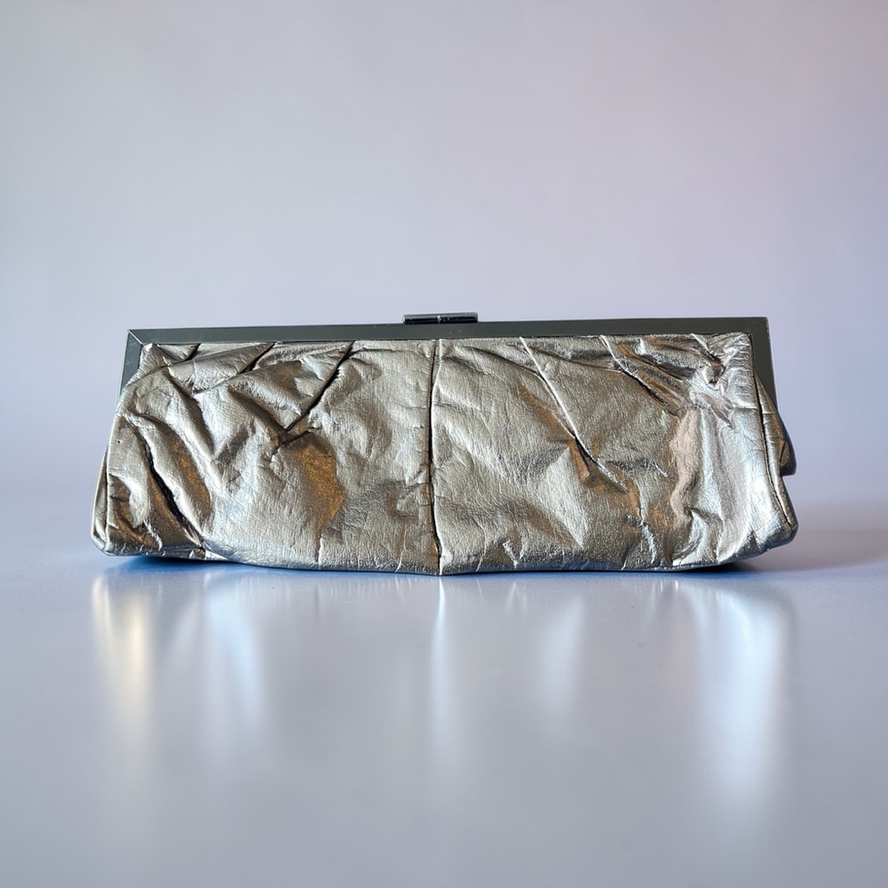 Aldo Metallic Silver-Gold Folded Clutch Gunmetal Herringbone Chain - Picture 1 of 9
